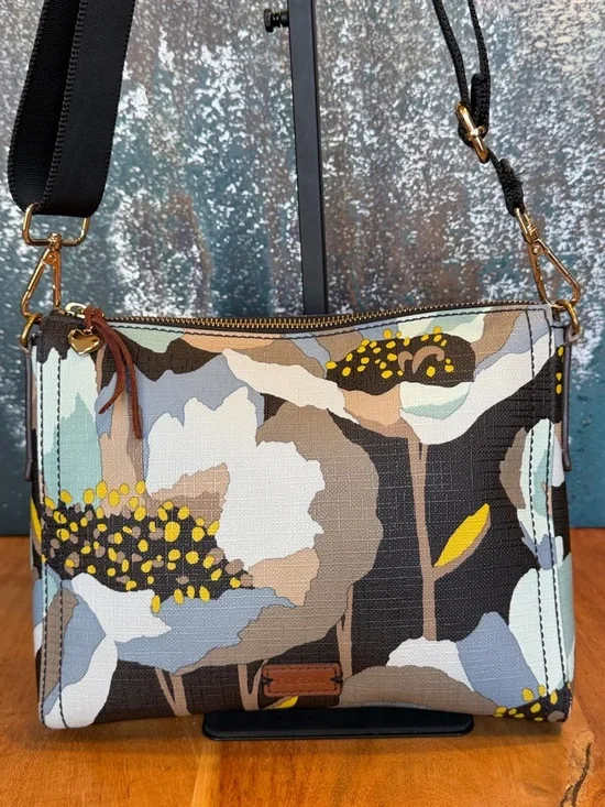 Fossil Boho Floral Coated Canvas Crossbody Bag Brown/Blue Gold (GUC) - Picture 4 of 17